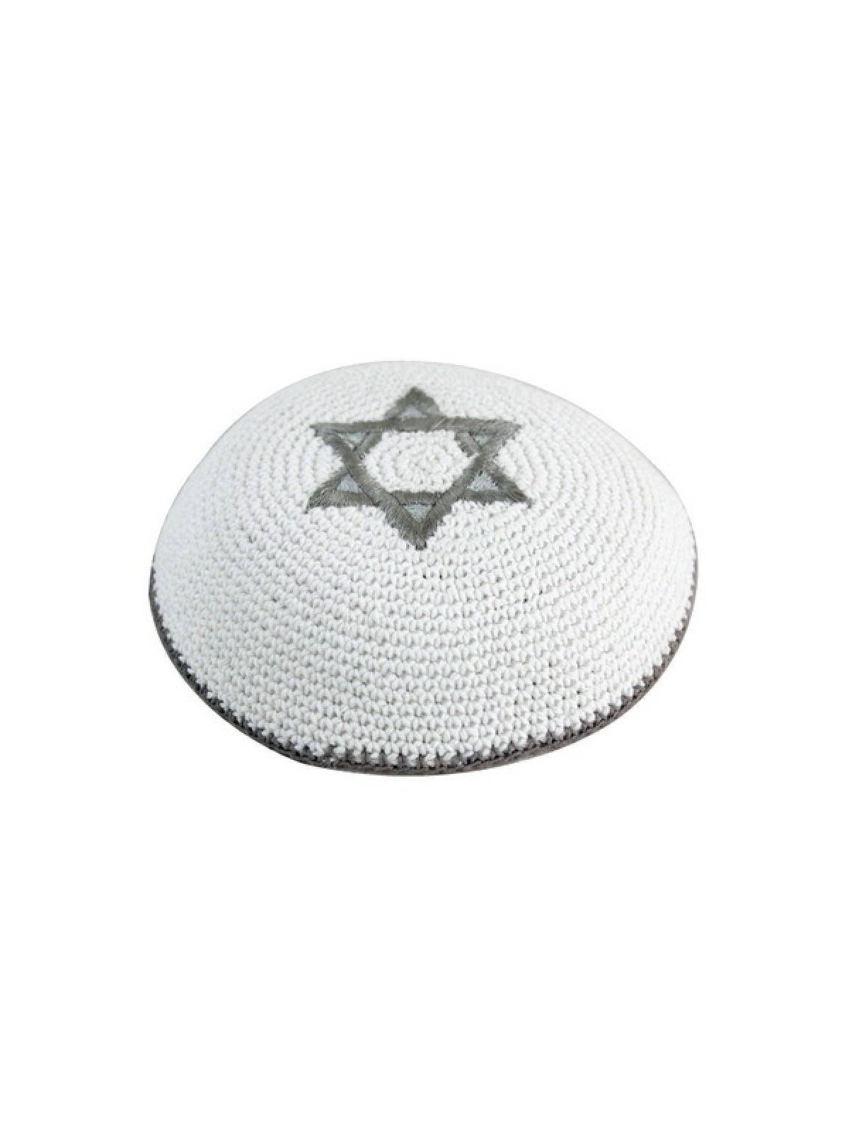 כיפה סרוגה לבנה עם מגן דוד כסף | כיפה סרוגה